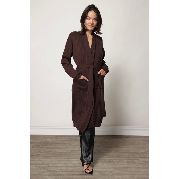 Line & Dot Long Belted Ribbed Cardigan in Brown Sz. Medium - NWT - Picture 3 of 13